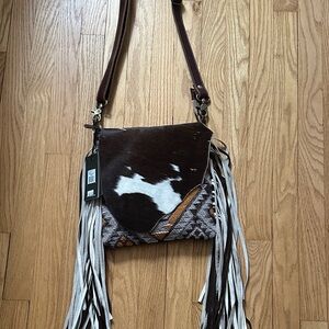 Chic Brown and White Crossbody Bag with Fringe